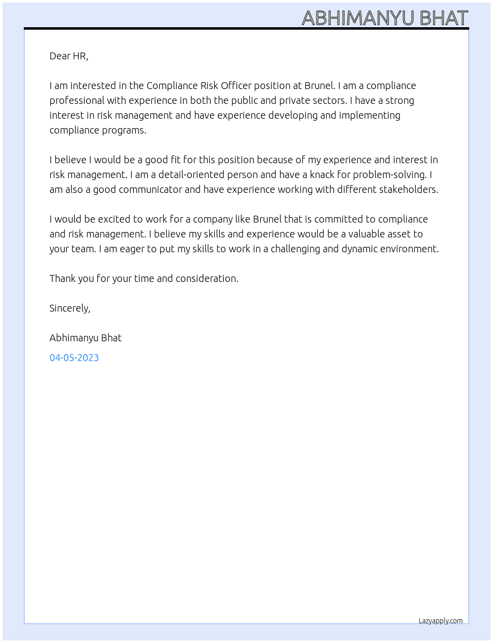 Compliance Risk Officer At Brunel Cover Letter