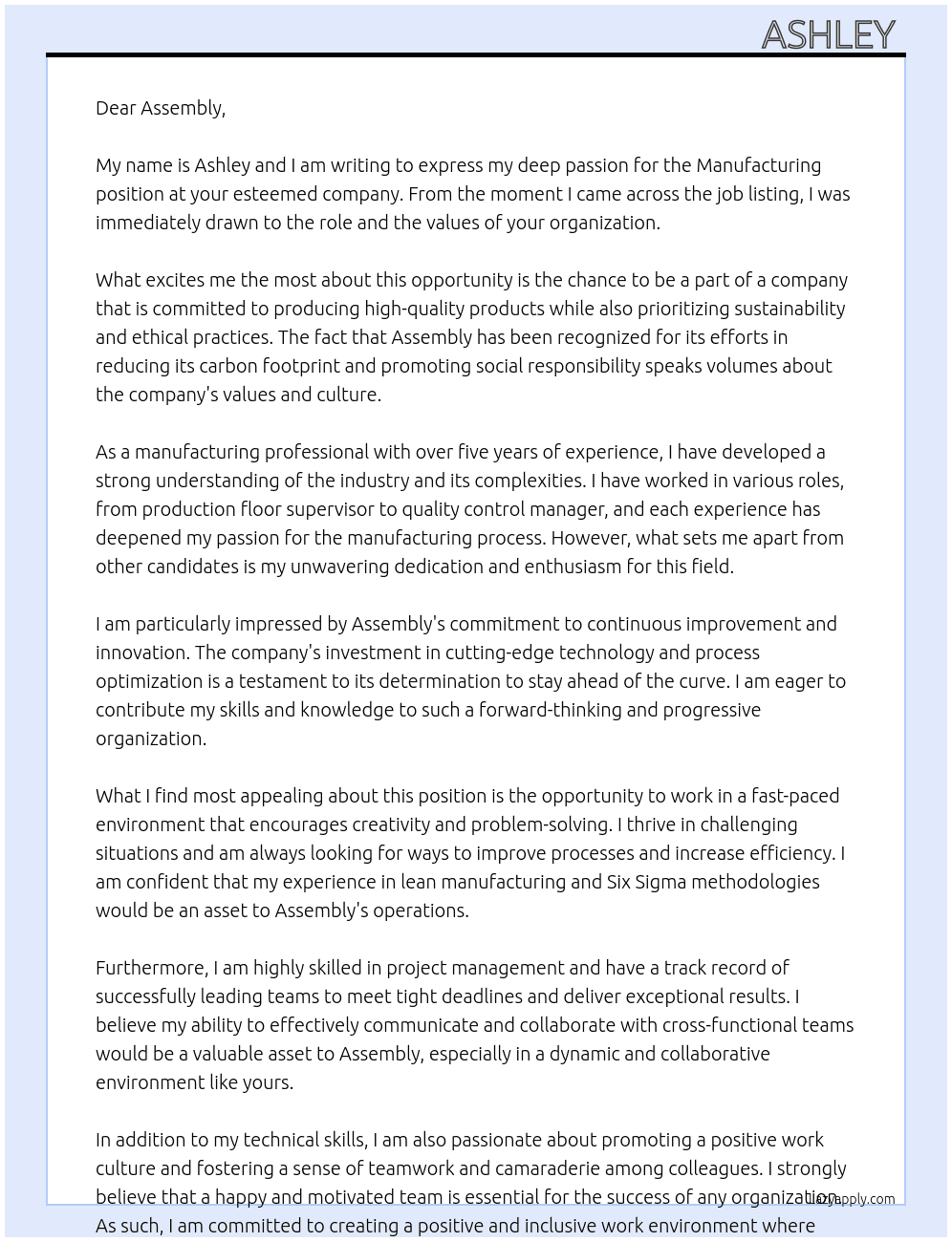 Manufacturing  At Assembly  Cover Letter