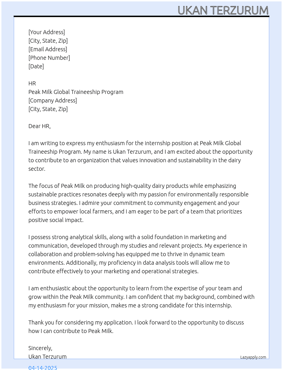 Internship At Peak Milk Global Traineeship Programmhip Cover Letter