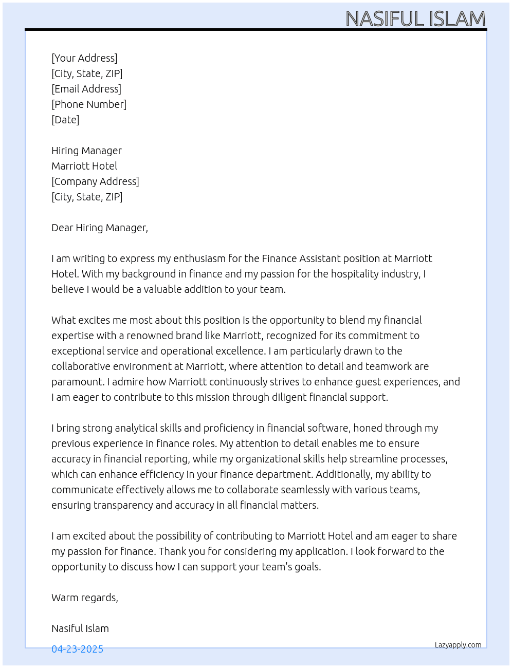 finance assistant At Marriot Hotel Cover Letter