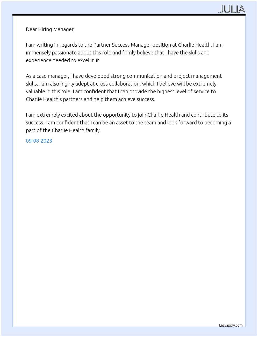 Partner Success Manager At Charlie Health Cover Letter