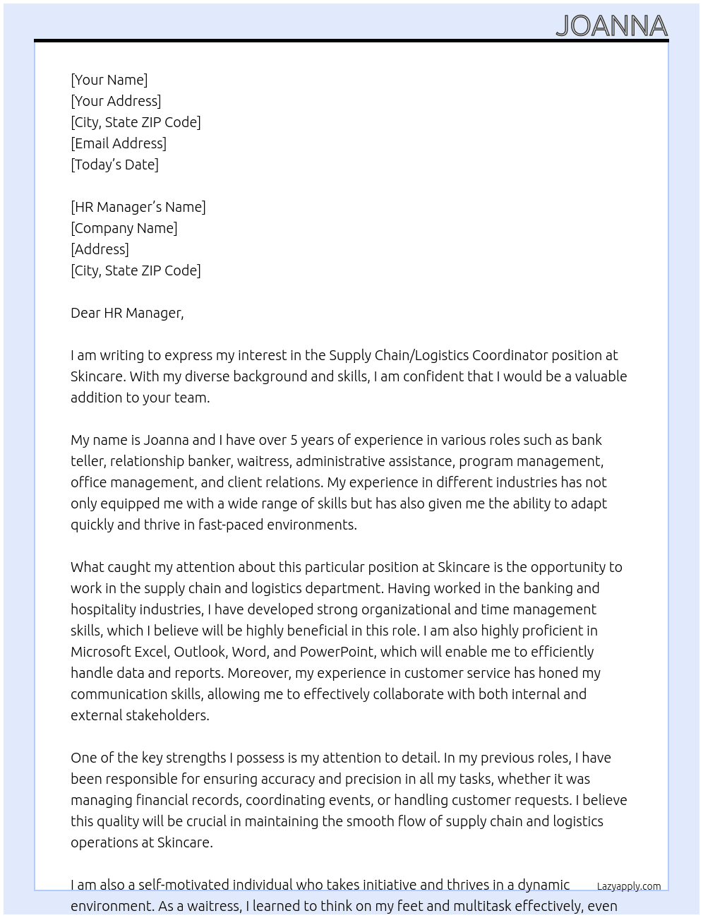 Supply Chain/logistics coordinator At Skincare Cover Letter