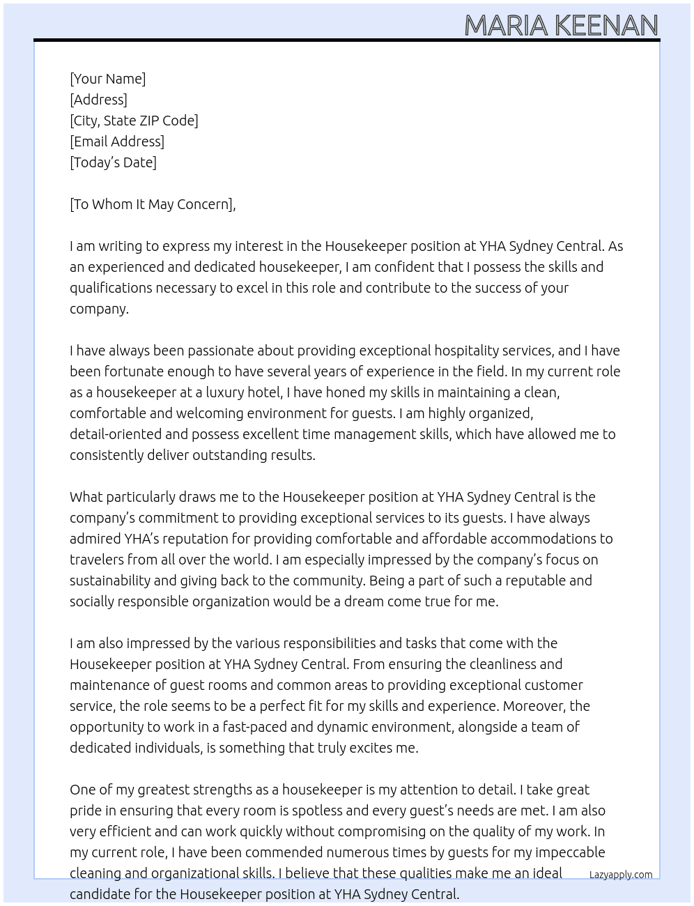 houskeeper At YHA Sydney Central Cover Letter