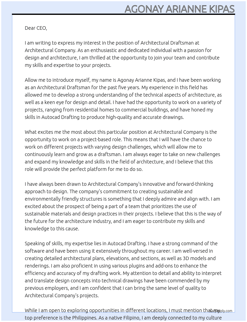 Architectural Draftsman At Architectural Company Cover Letter