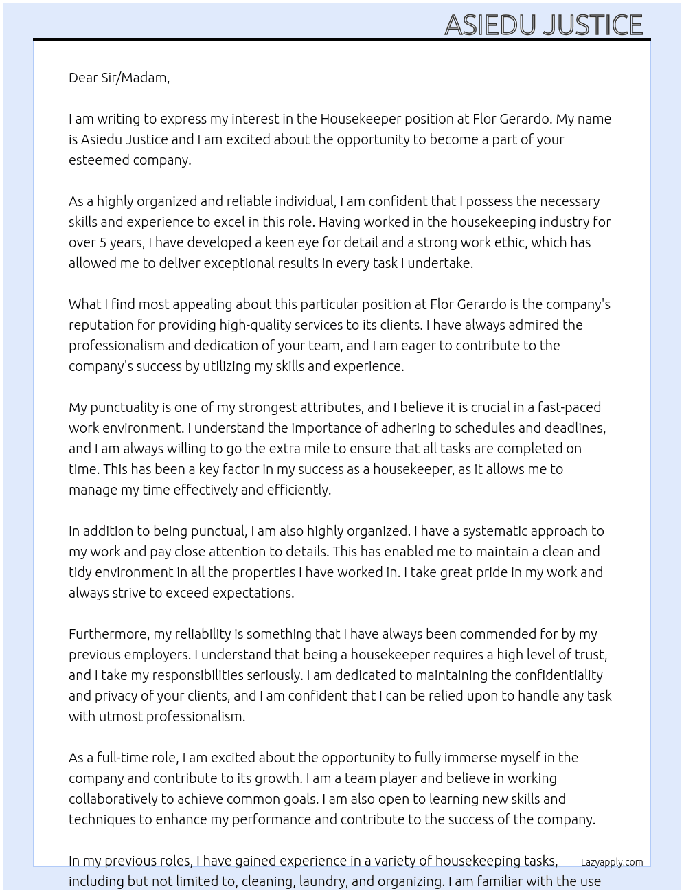 Housekeeper  At Flor Gerardo Cover Letter