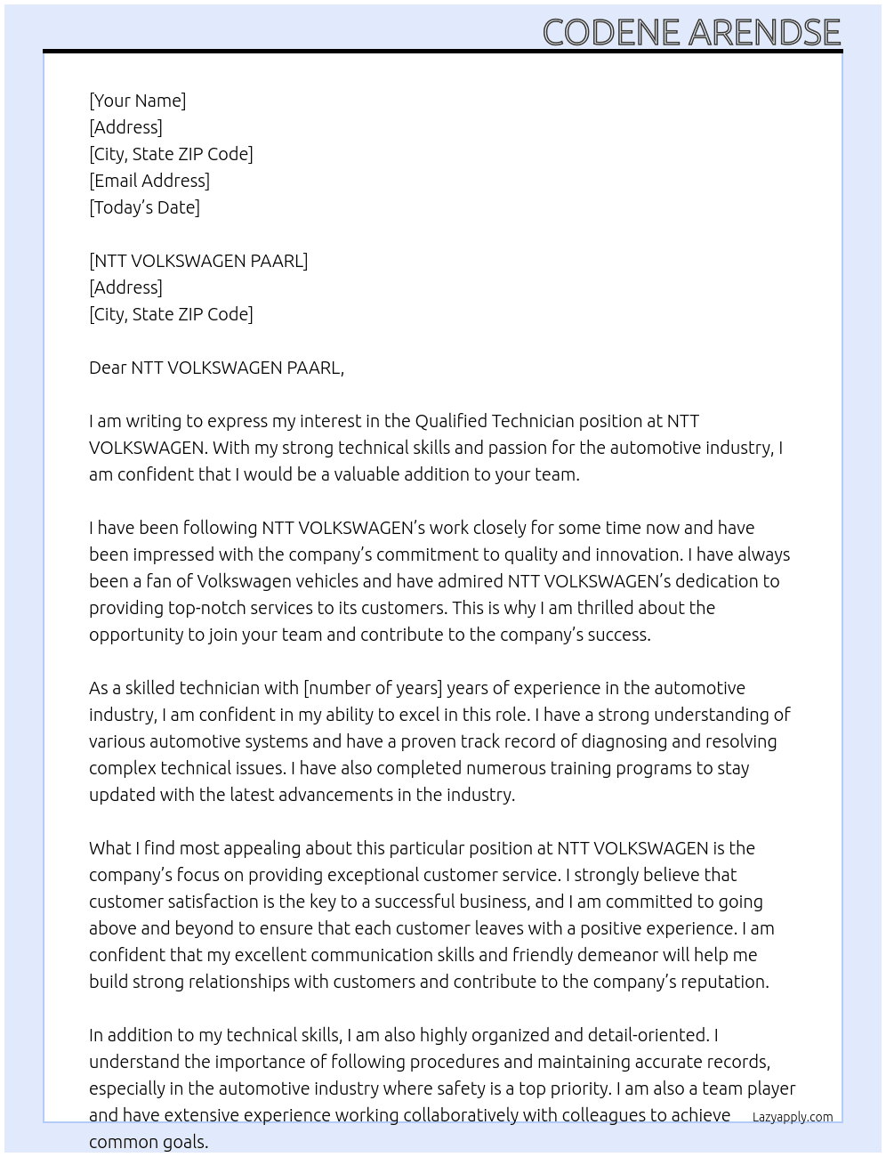 Qualified Technician At NTT VOLKSWAGEN Cover Letter