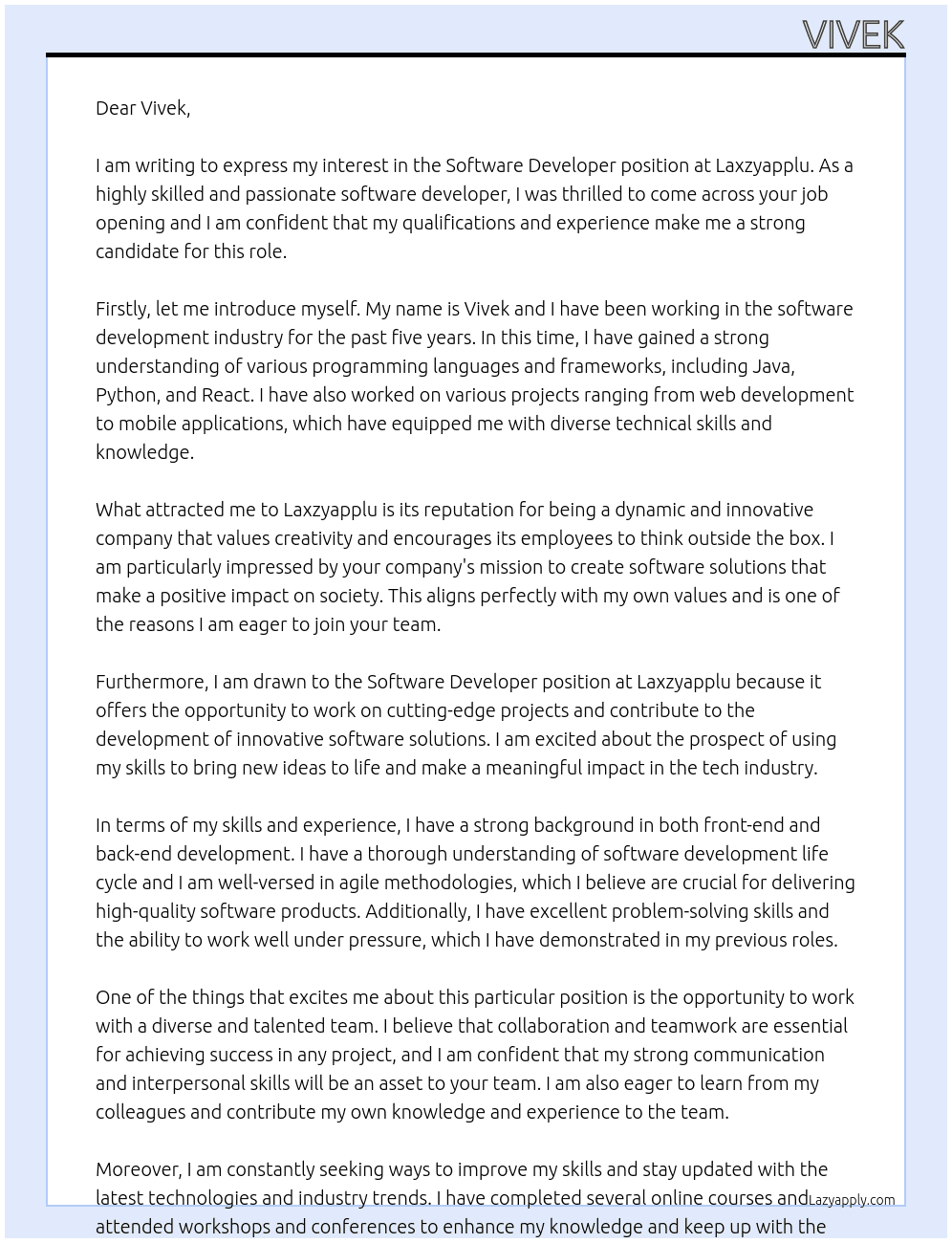 software developer At laxzyapplu Cover Letter
