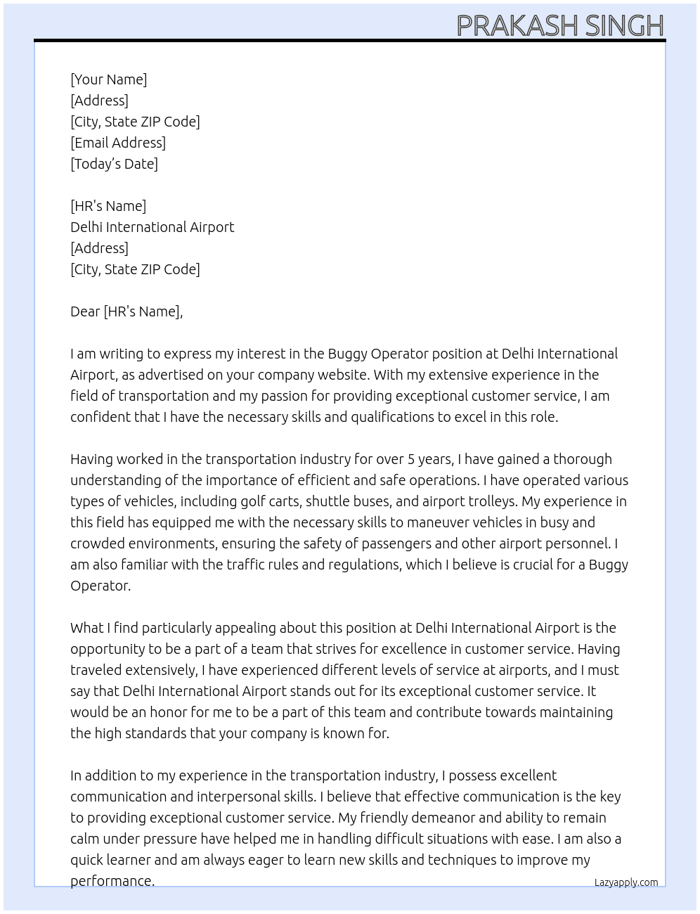 Buggy Operator At Delhi International Airport Cover Letter