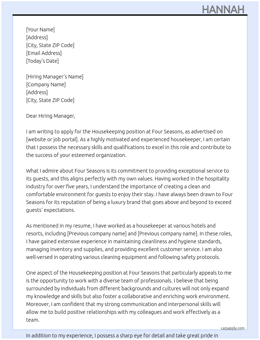 Housekeeping At Four Seasons  Cover Letter