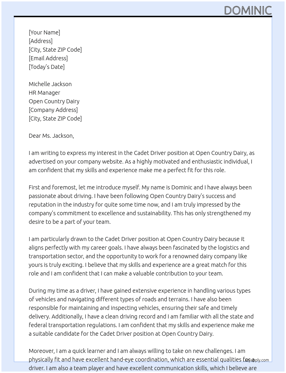 Cadet Driver At Open Country Dairy Cover Letter