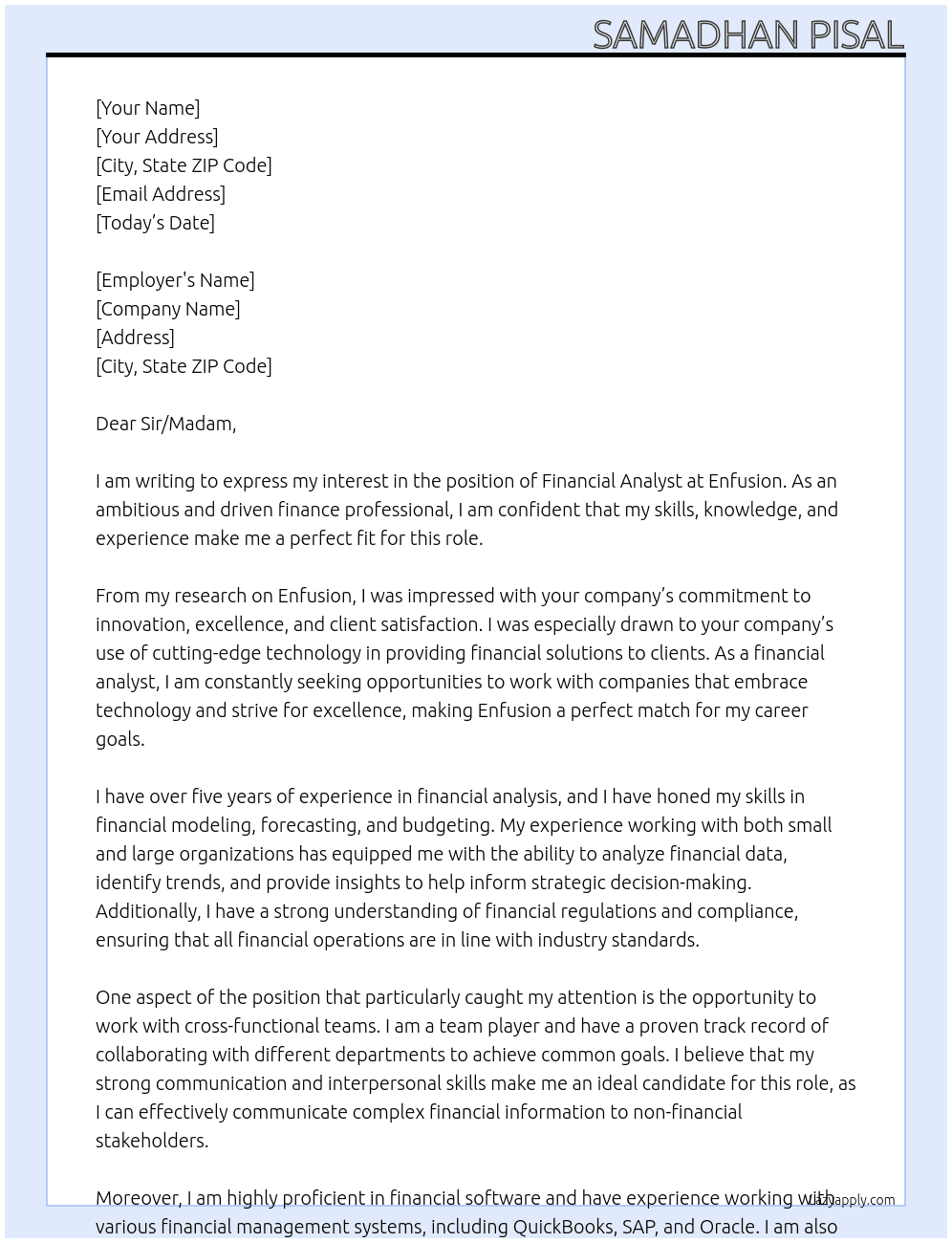 Financial Analyst At Enfusion Cover Letter