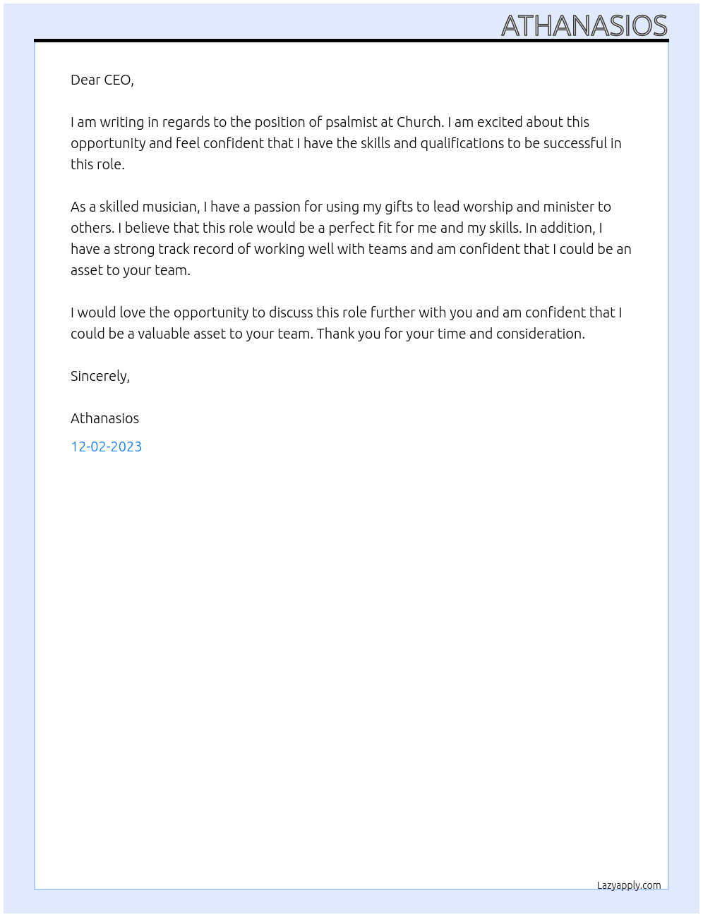 psalmist  At Church Cover Letter