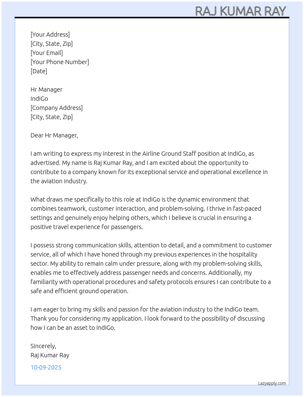 Airline Ground staff  At IndiGo  Cover Letter