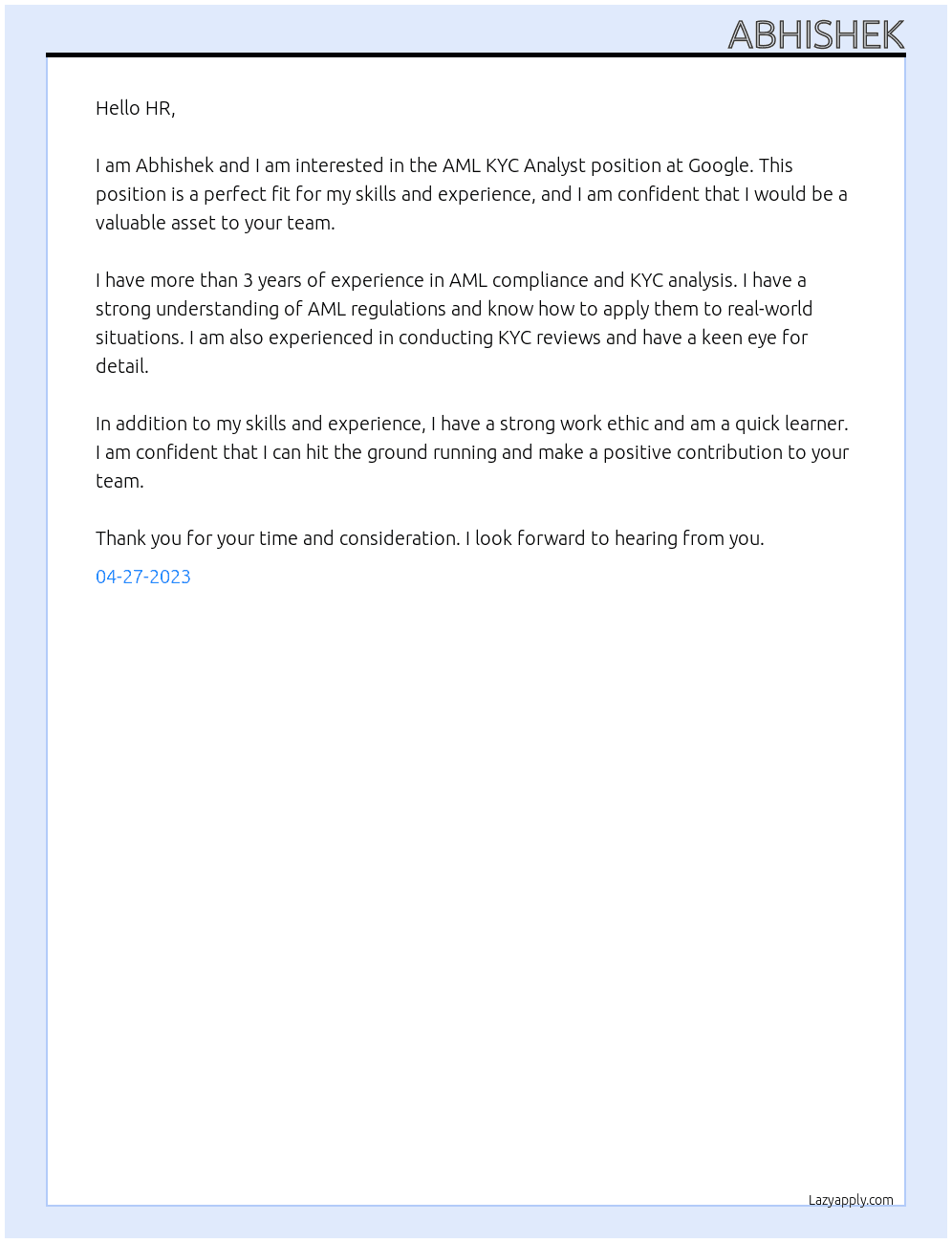 AML KYC Analyst At Google Cover Letter