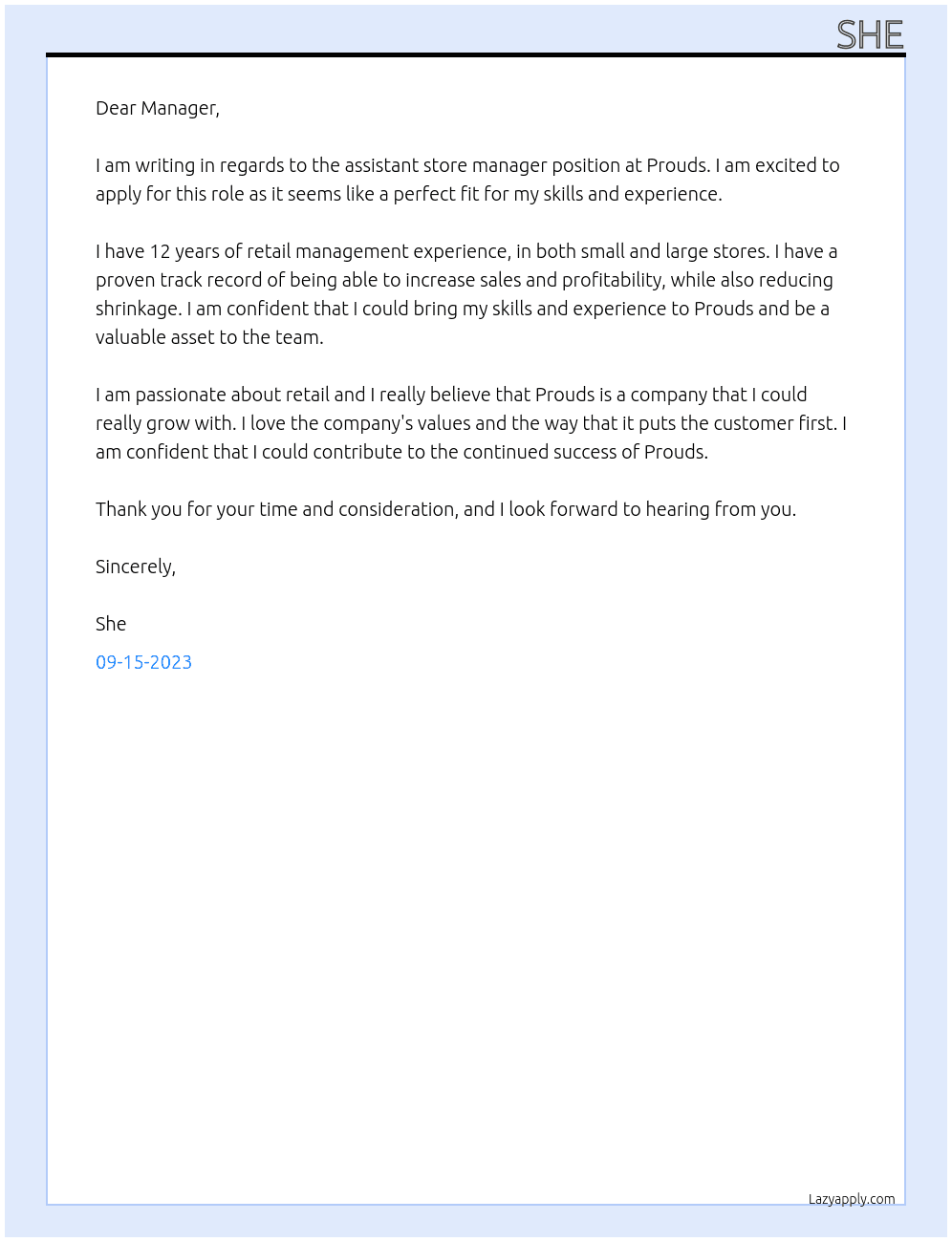 Assistant store manager  At Prouds Cover Letter