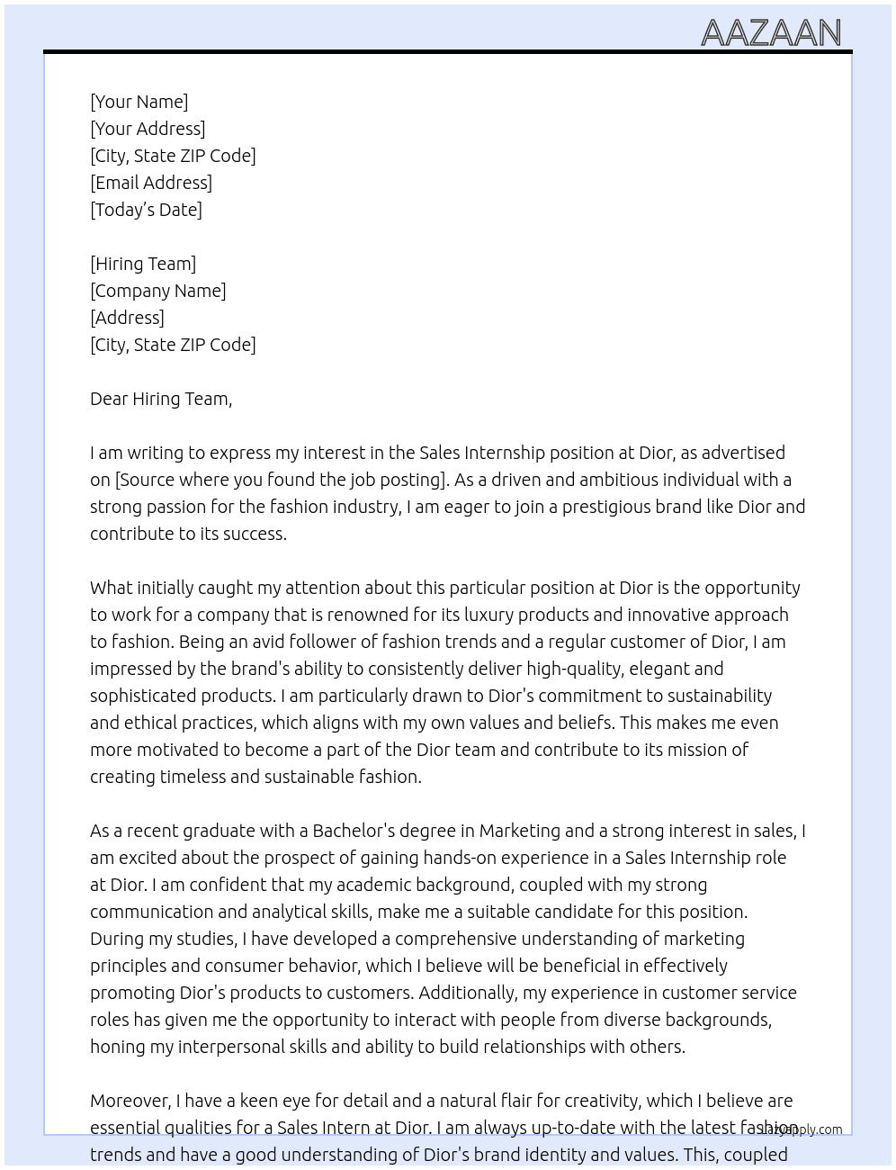 Sales Internship At Dior Cover Letter