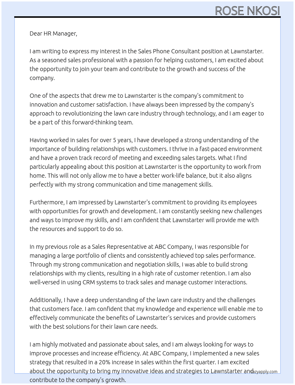 Sales Phone Consultant - WORK FROM HOME At Lawnstarter Cover Letter