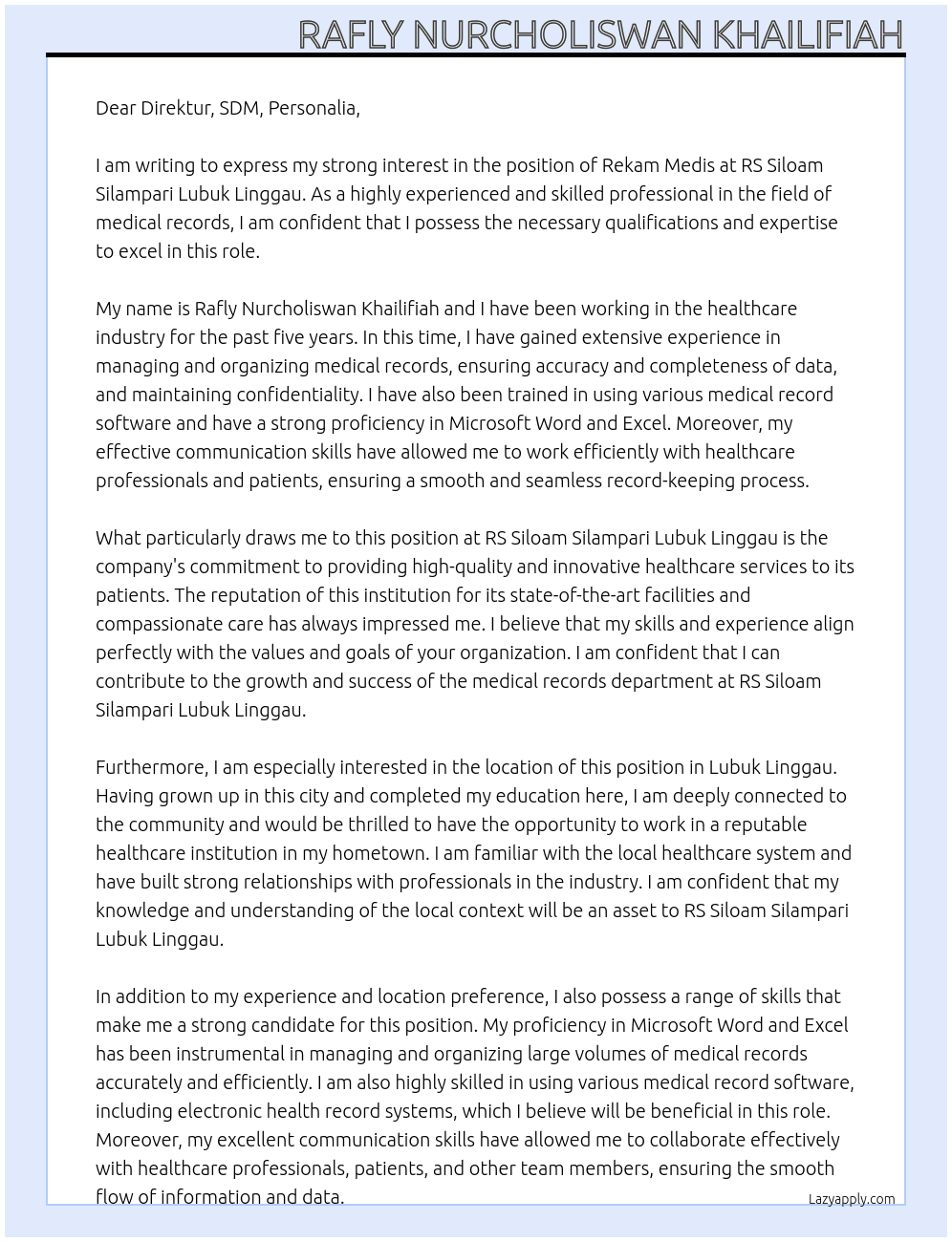 Rekam medis At RS Siloam Silampari Lubuk Linggau Cover Letter