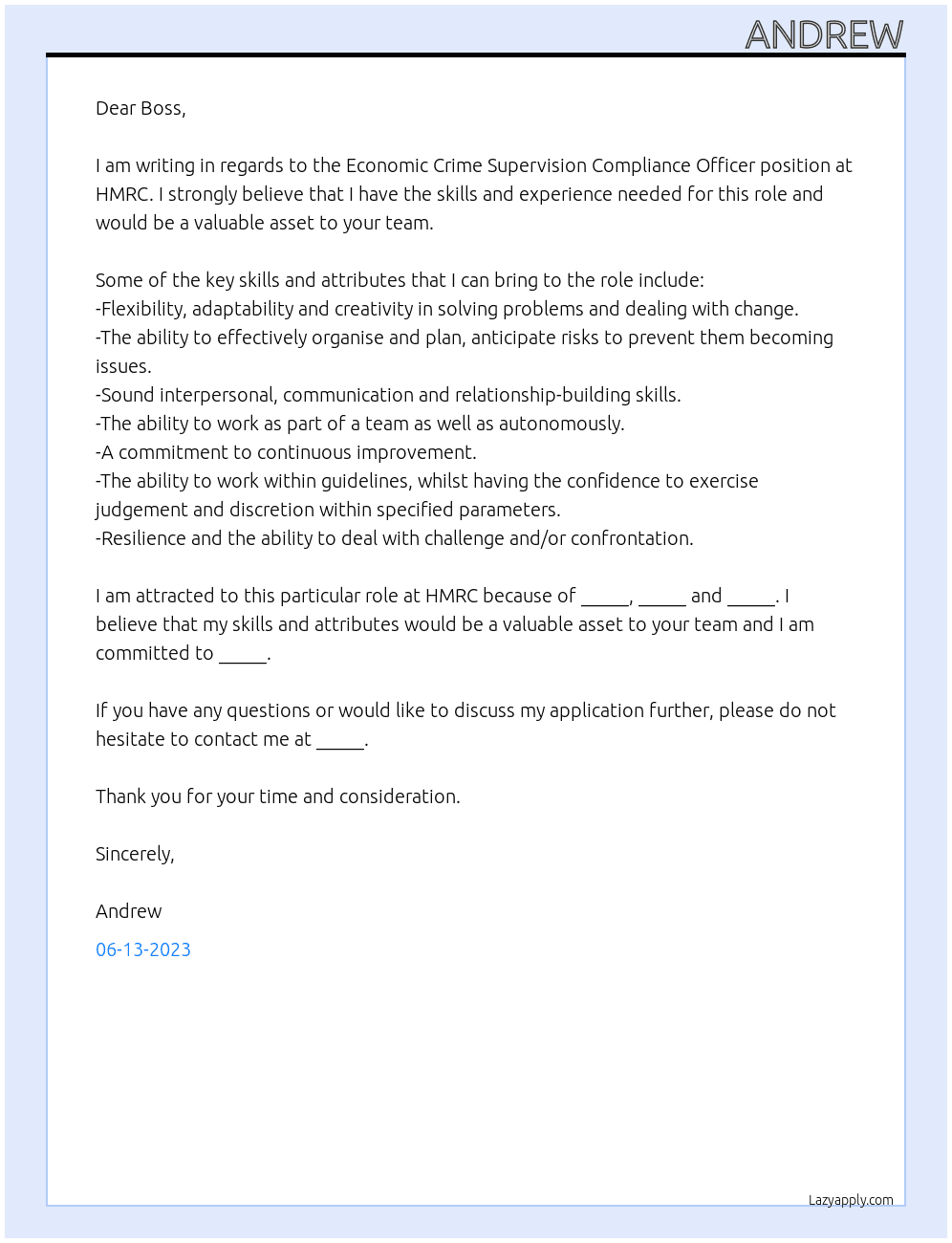 Economic Crime Supervision Compliance Officer At HMRC Cover Letter