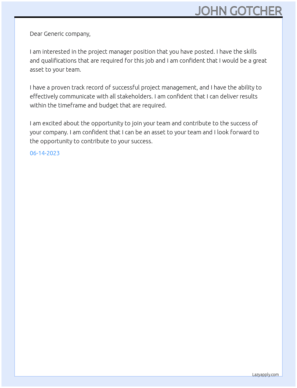 project manager At Generic company Cover Letter