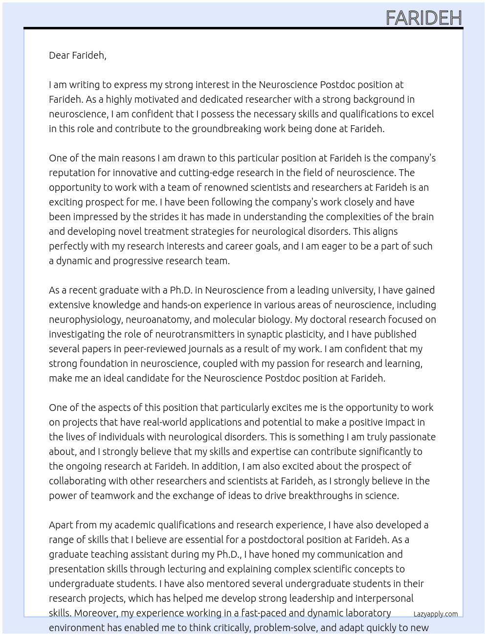 Neuroscience postdoc At farideh Cover Letter