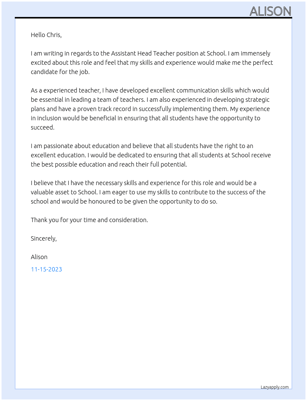 Assistant head teacher At School Cover Letter