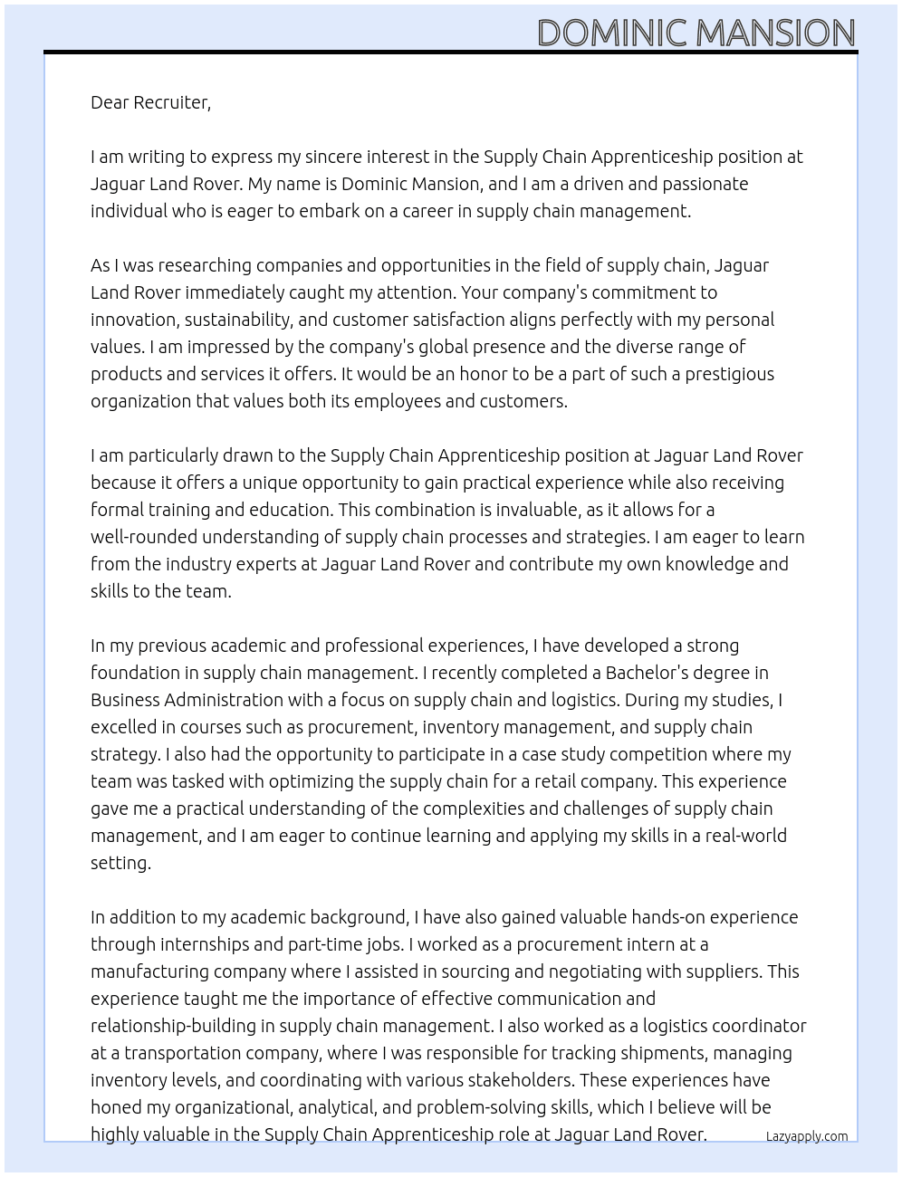 Supply chain apprenticeship At Jaguar Land Rover Cover Letter