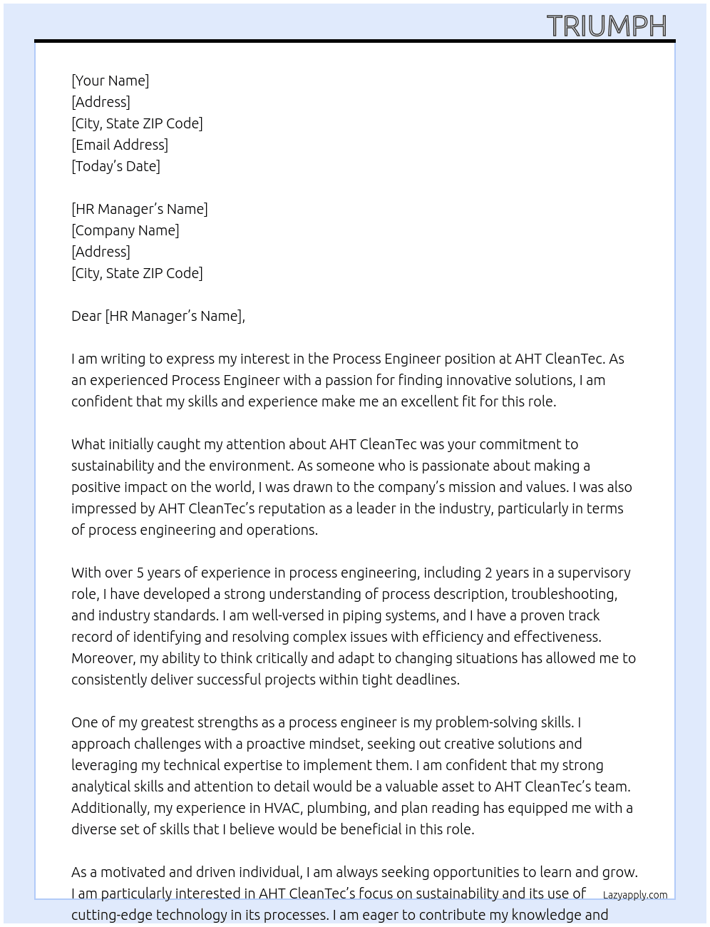Process engineer  At AHT CleanTec Cover Letter
