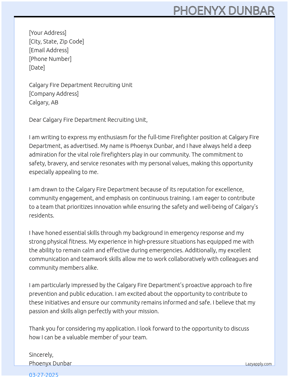 Firefighter At Calgary Fire Department Cover Letter