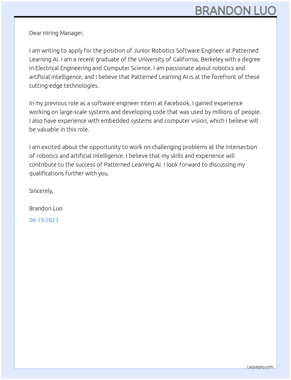 Junior Robotics Software Engineer At Patterned Learning AI Cover Letter