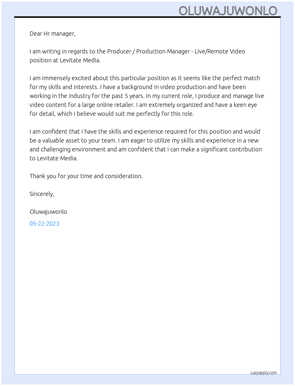 Producer / Production Manager - Live/Remote Video At Levitate Media  Cover Letter