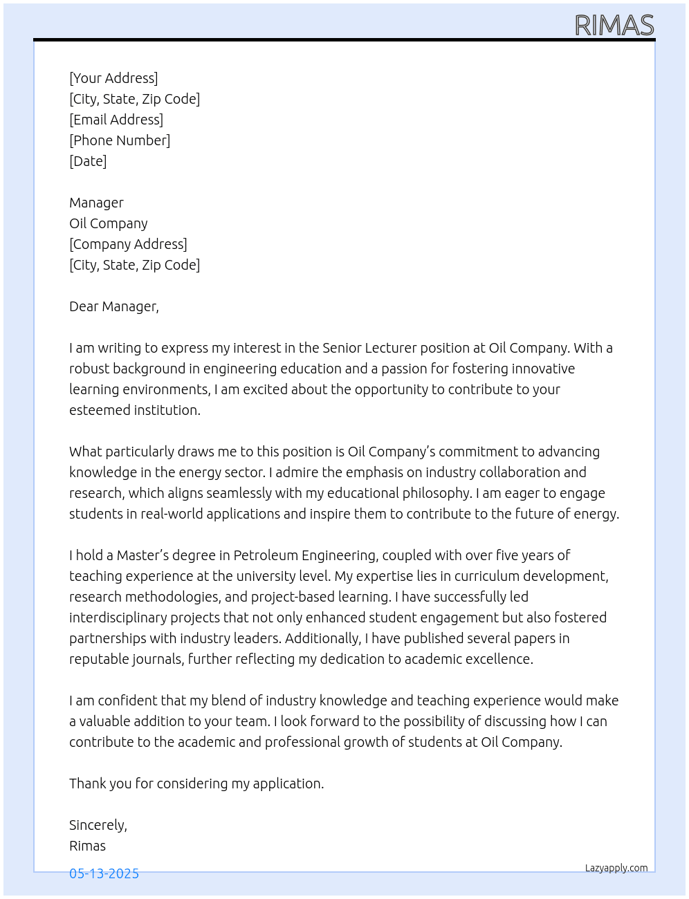 Senior lecturer At oil company Cover Letter