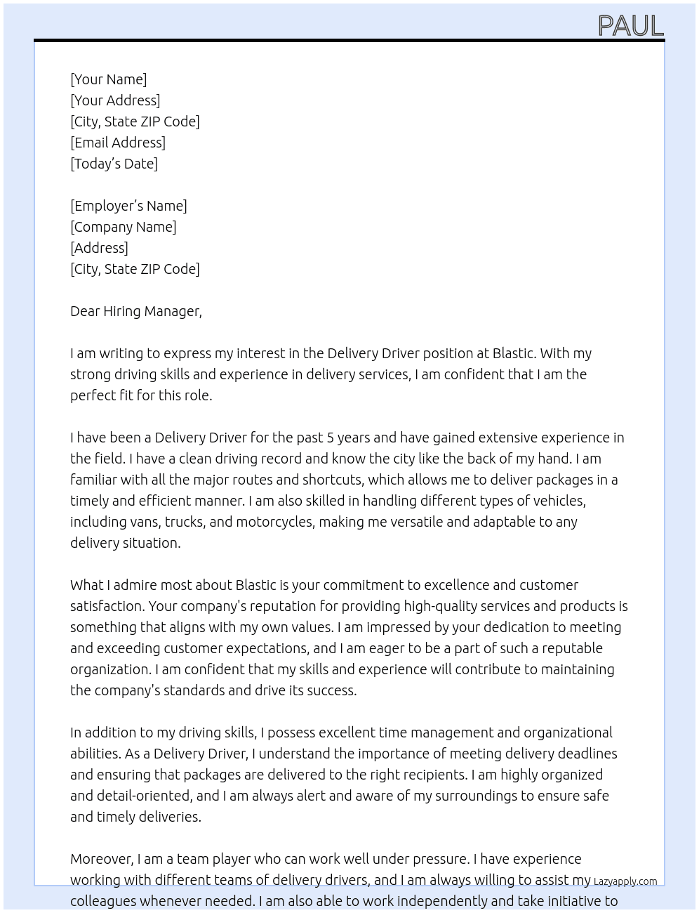 Delivery Driver At blastic Cover Letter