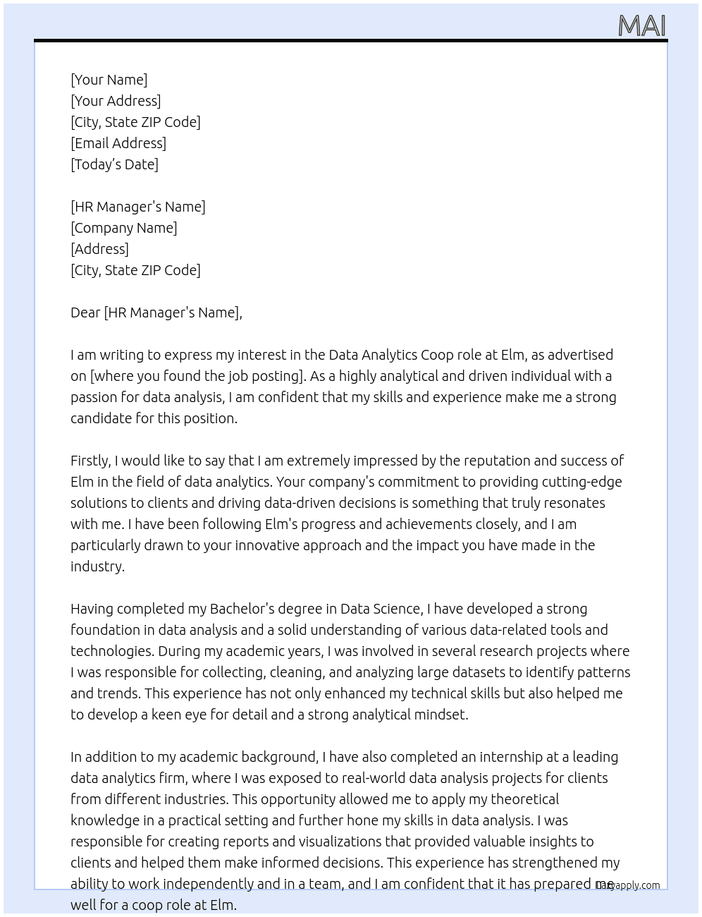 data analytics At Elm Cover Letter