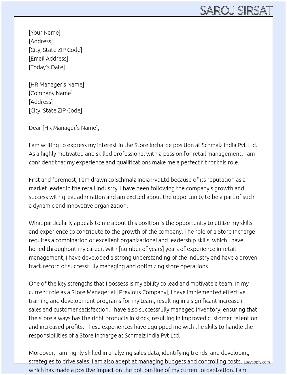 Store Incharge At Schmalz India Pvt Ltd Cover Letter
