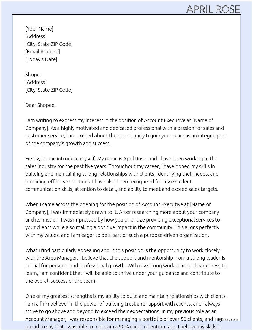 Account Executive At Area Manager Cover Letter
