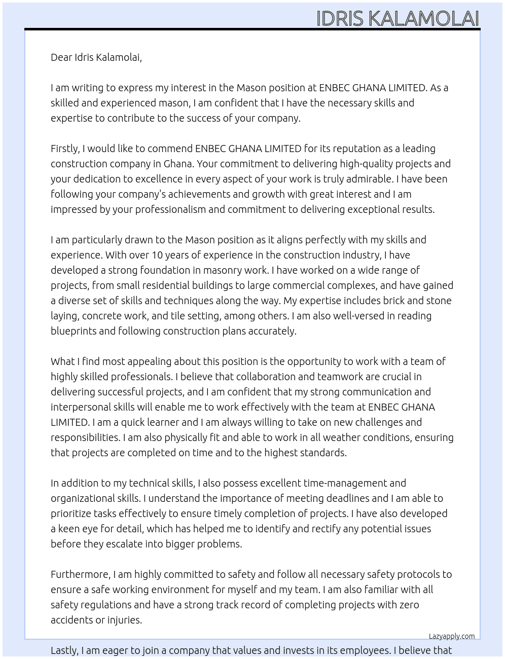 Mason  At ENBEC GHANA LIITED Cover Letter