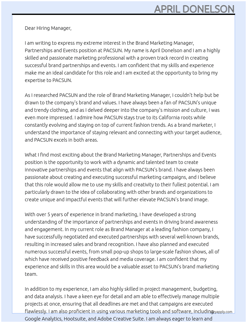 Brand Marketing Manager, Partnerships and Events At PACSUN Cover Letter
