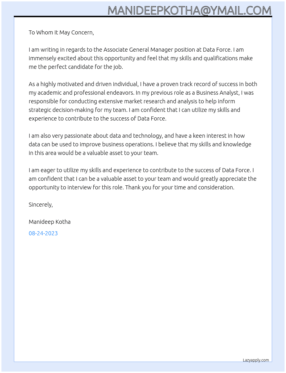Associaite General manager At Data Force Cover Letter