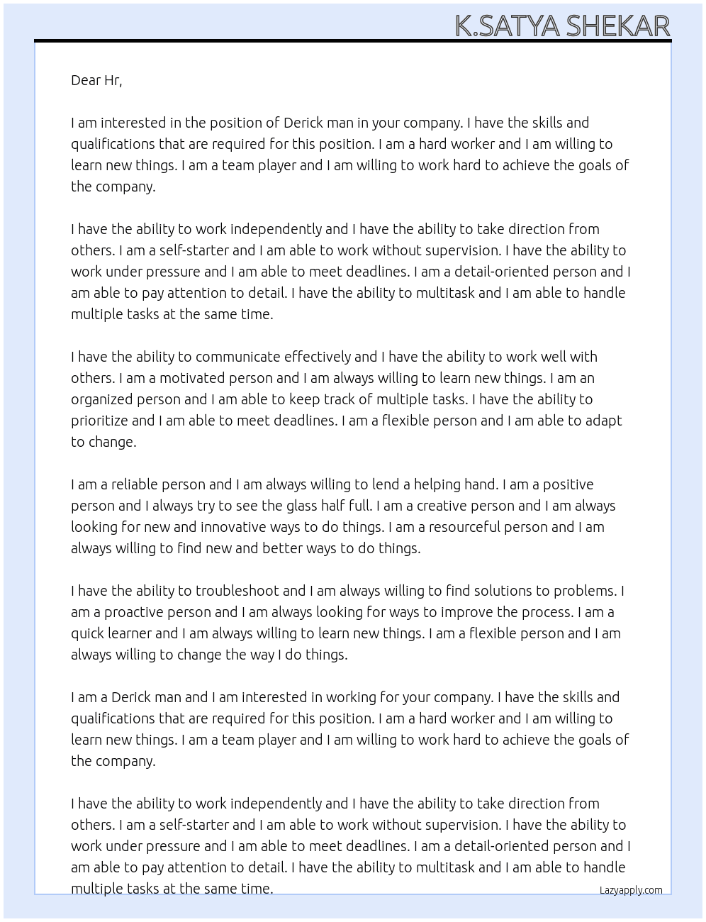 Derick man At Drilling rig Cover Letter