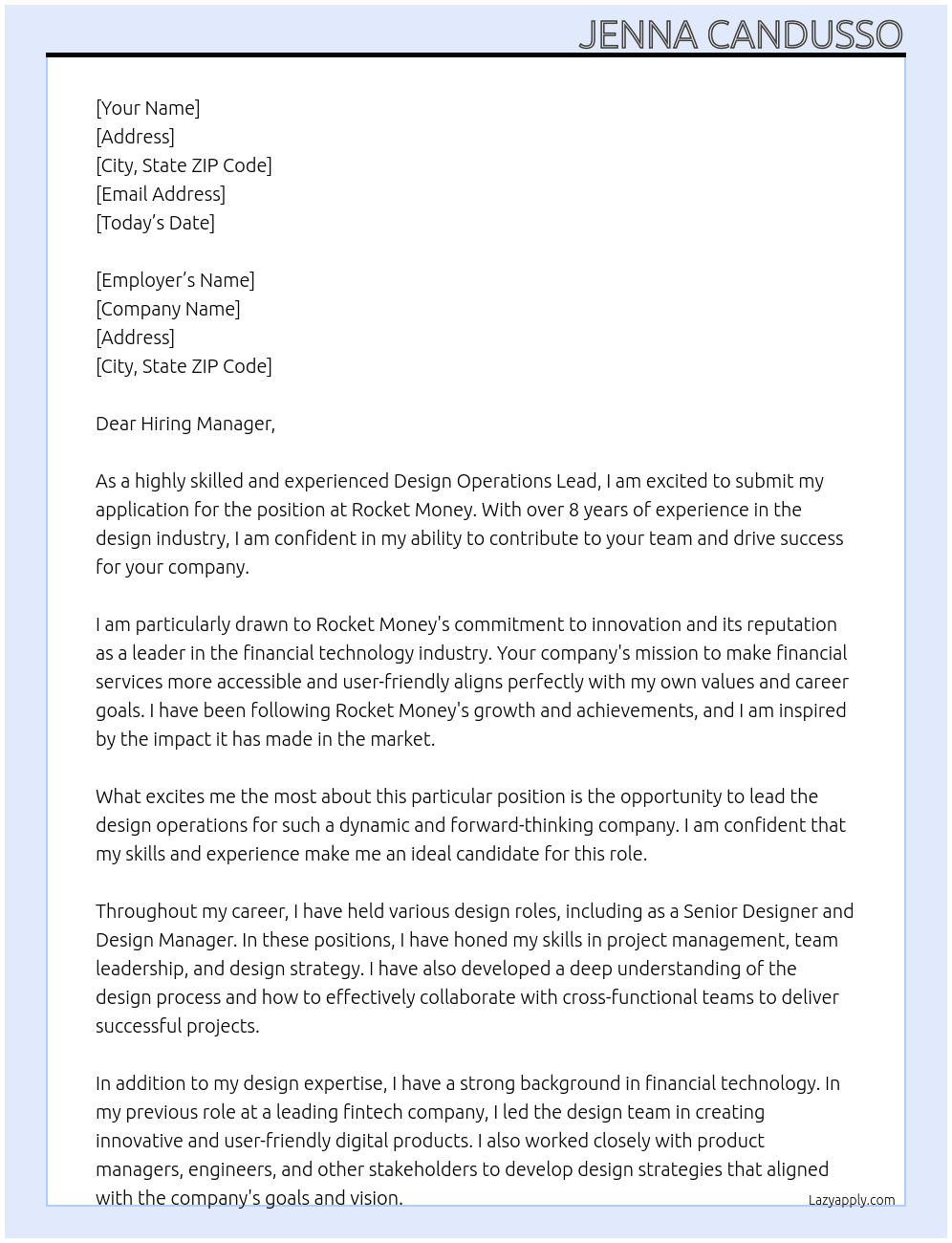 Design Operations Lead At Rocket Money Cover Letter