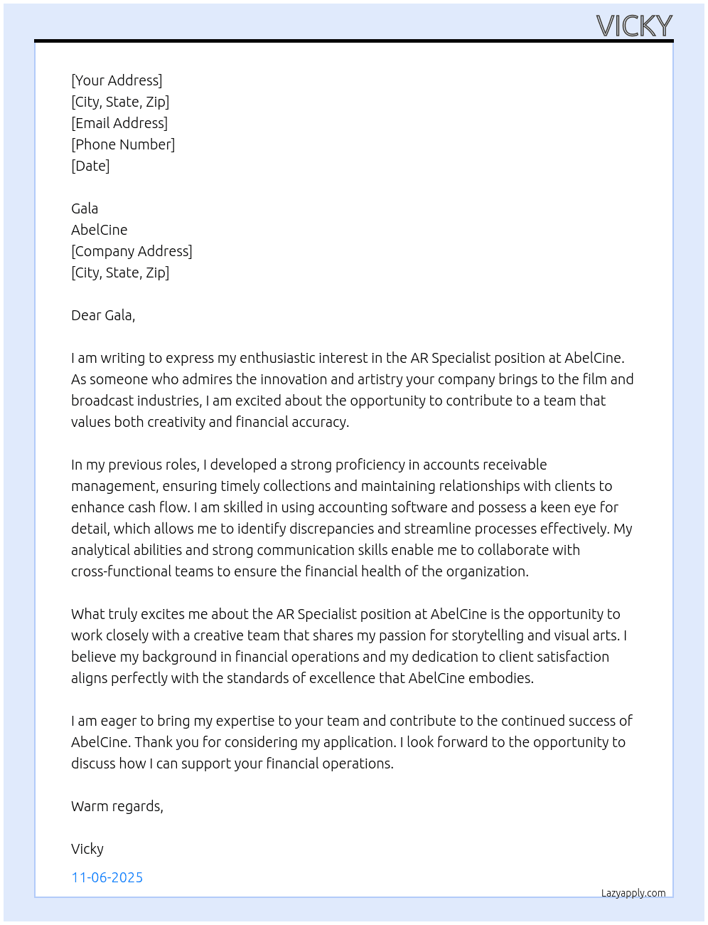 AR Specialist At AbelCine Cover Letter
