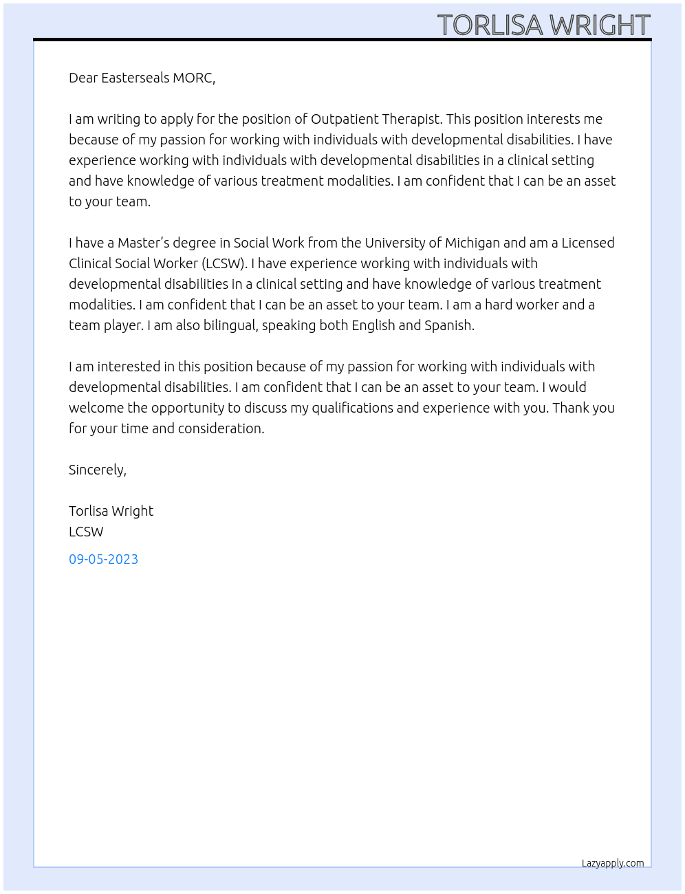 Outpatient Therapist  At Easterseals MORC Cover Letter