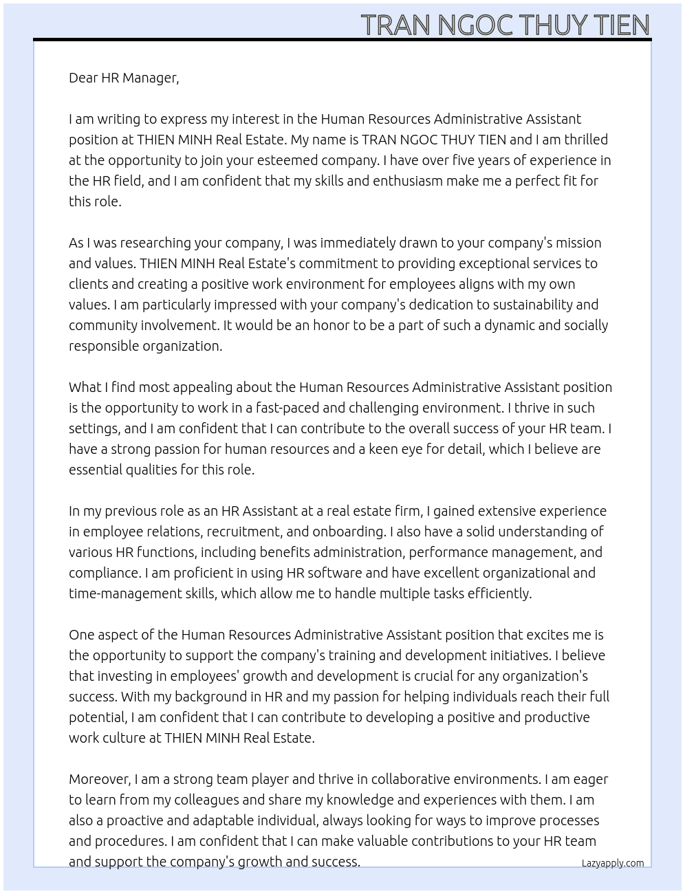 Human Resources Administrative Assistant At THIEN MINH Real Estate Cover Letter