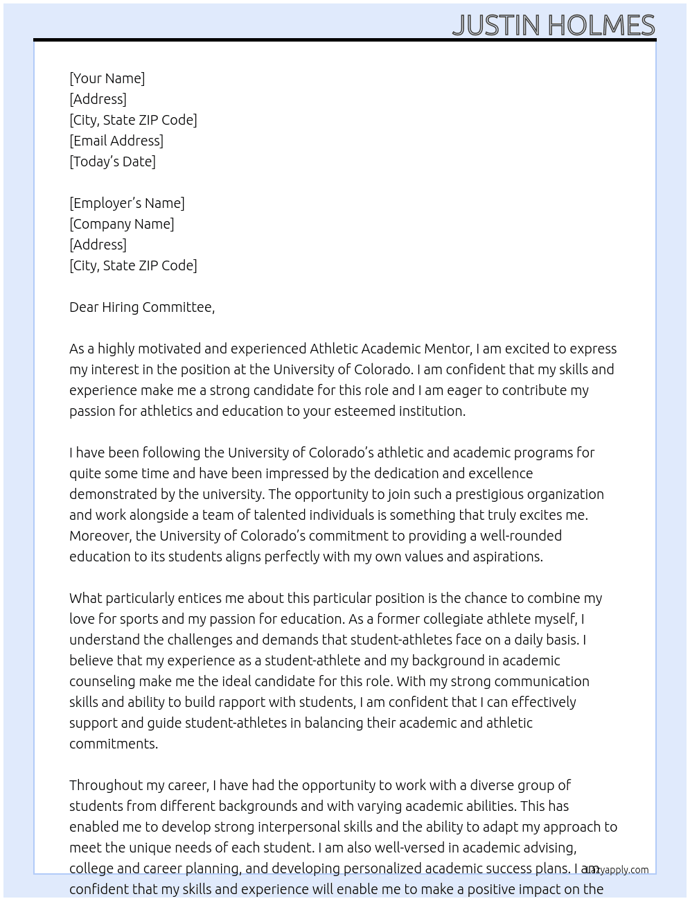 Athletic Academic Mentor At University of Colorado Cover Letter