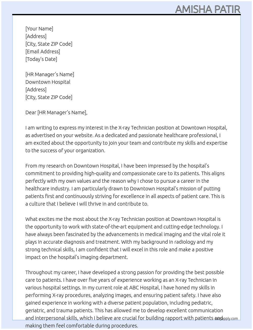X-ray technician  At Downtown hospital  Cover Letter