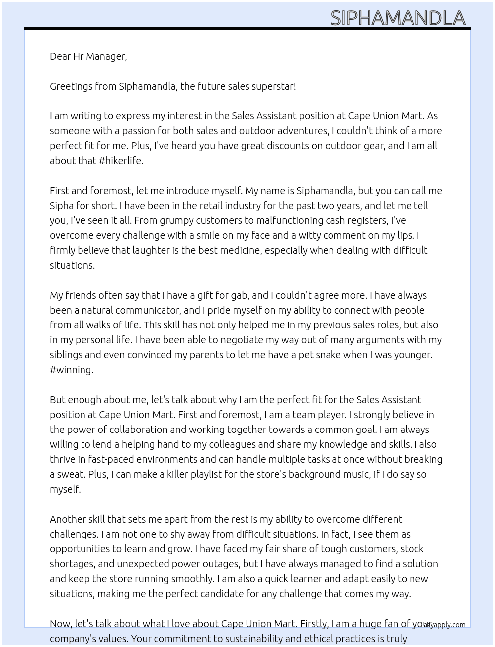 Sales assistant  At Cape Union Mart Cover Letter