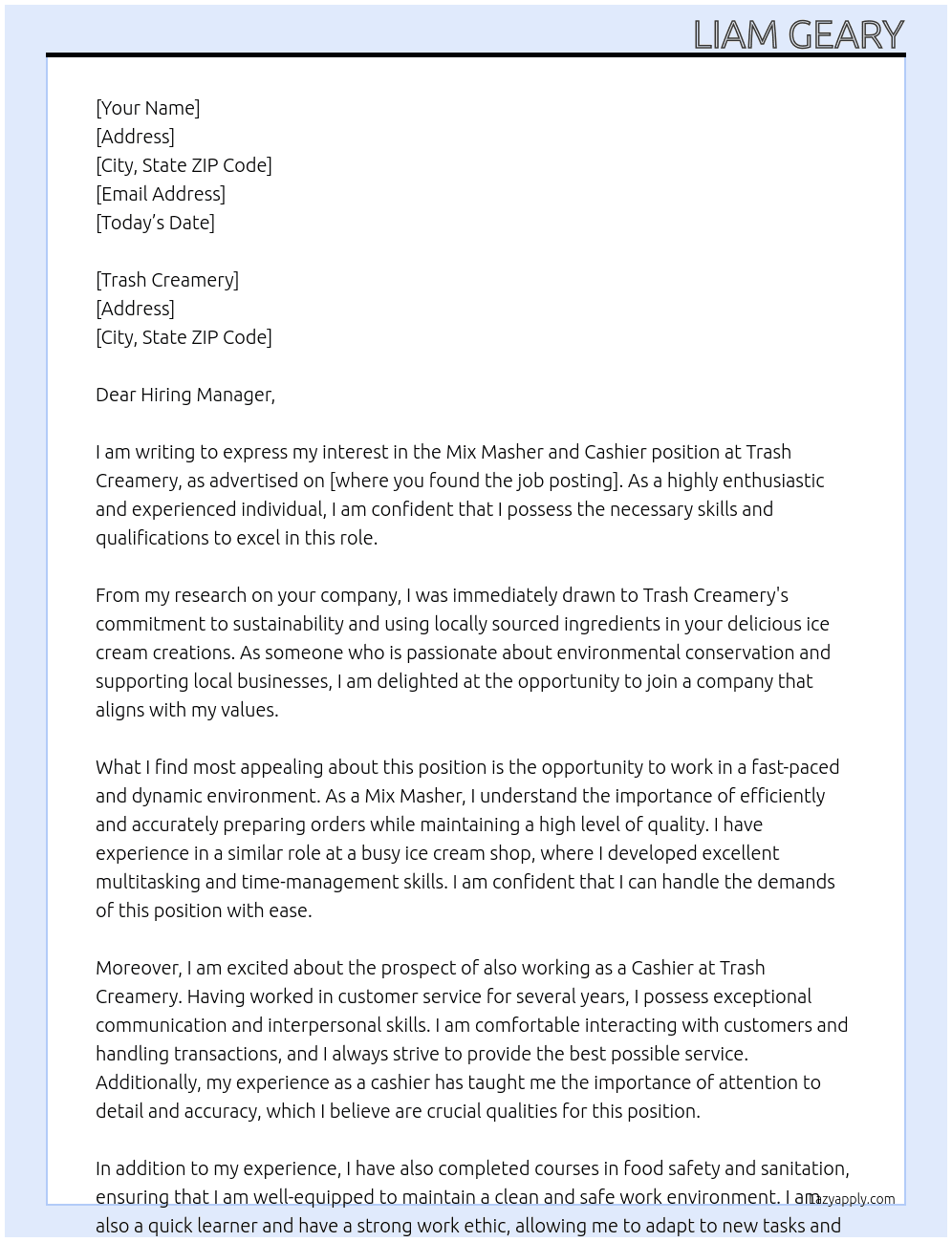 Mix Masher and Cashier At Trash Cremary Cover Letter
