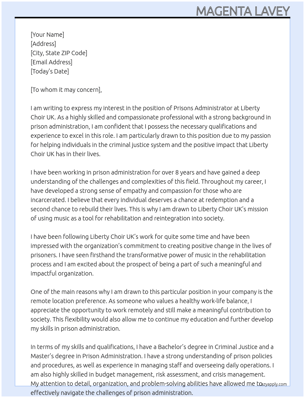 prisons administrator At Liberty choir  uk Cover Letter