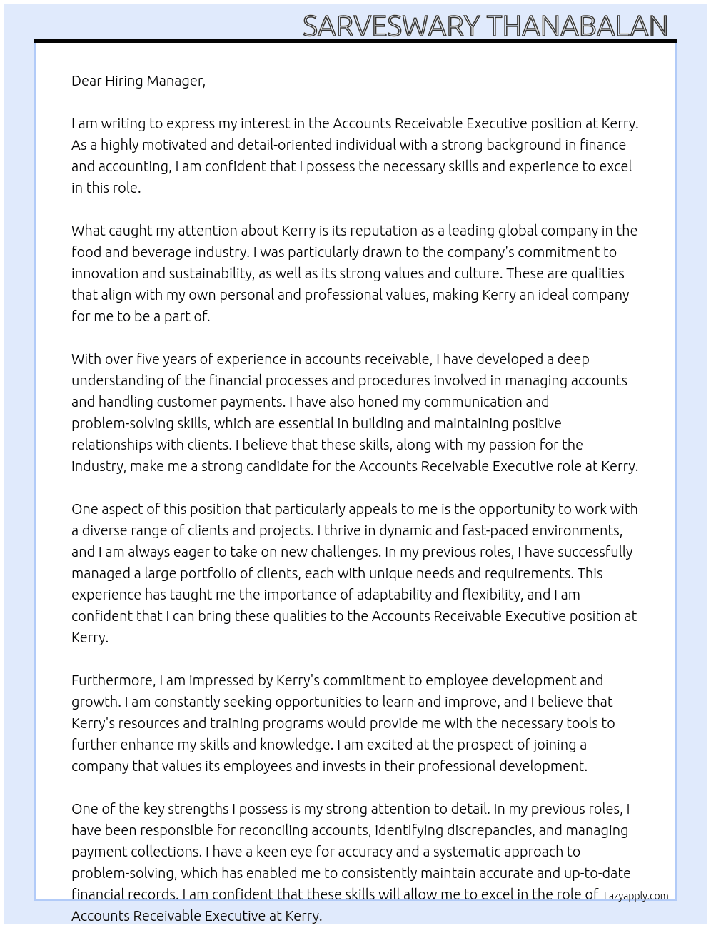 Accounts Receivable Executive At Kerry  Cover Letter